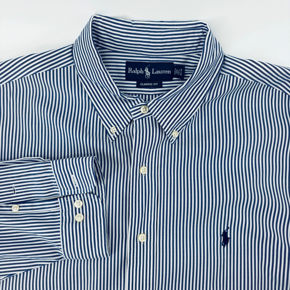 Ralph Lauren Mens 17.5 34/35 Classic Fit Striped Button Down Shirt Blue White